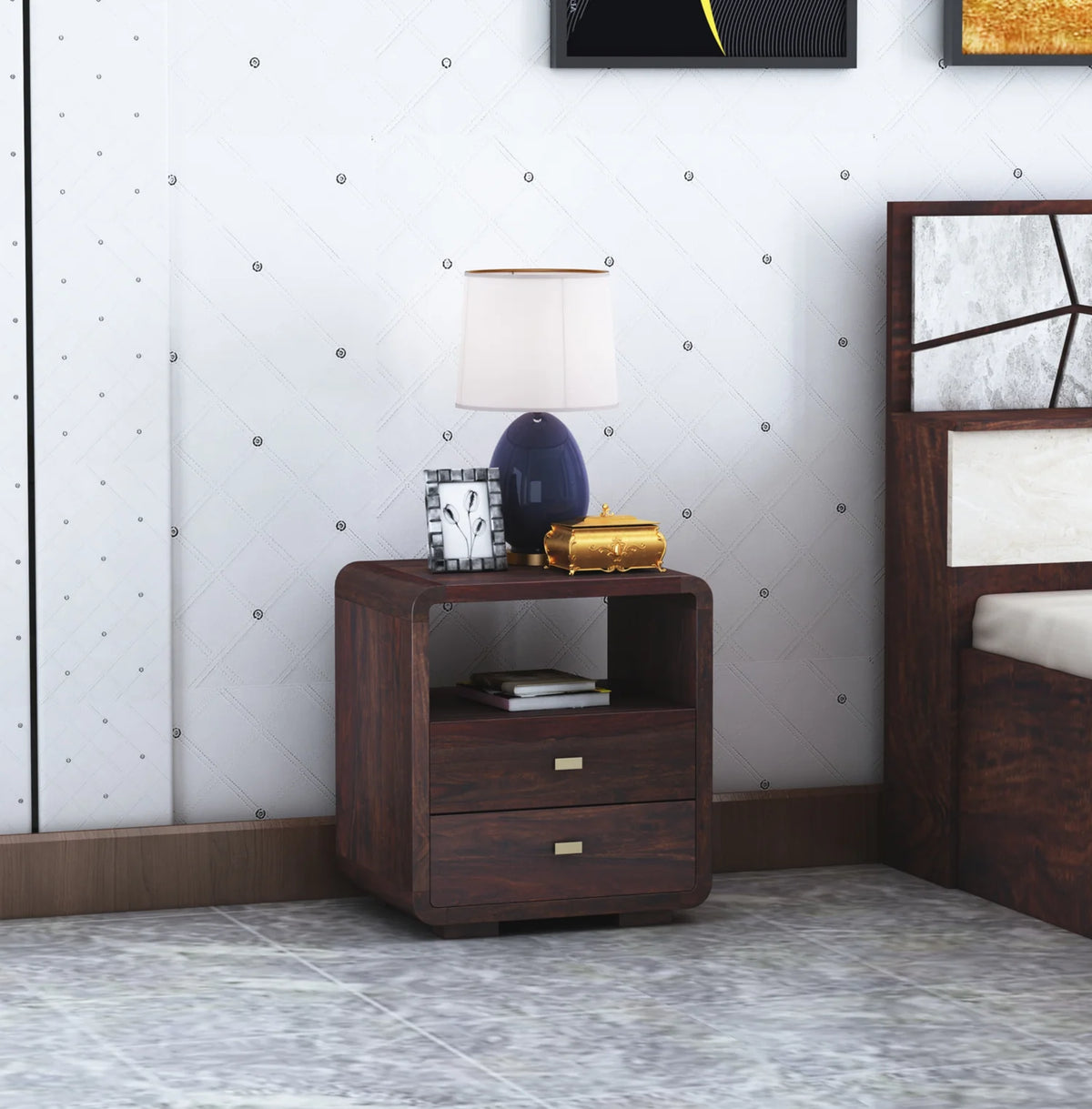 Nero Sheesham Bedside Table With Two Drawer Storage - 3 Years Warranty