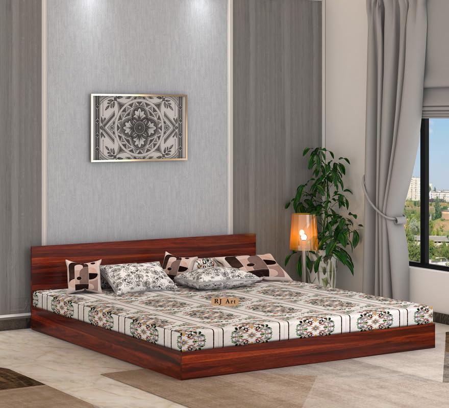 Wooden Low Height Bed Without Storage | Wooden Platform Double Bed | Space Saving Low Floor/Lying/Rise/Level/Profile Cot Bed for Bedroom | Basic Headboard