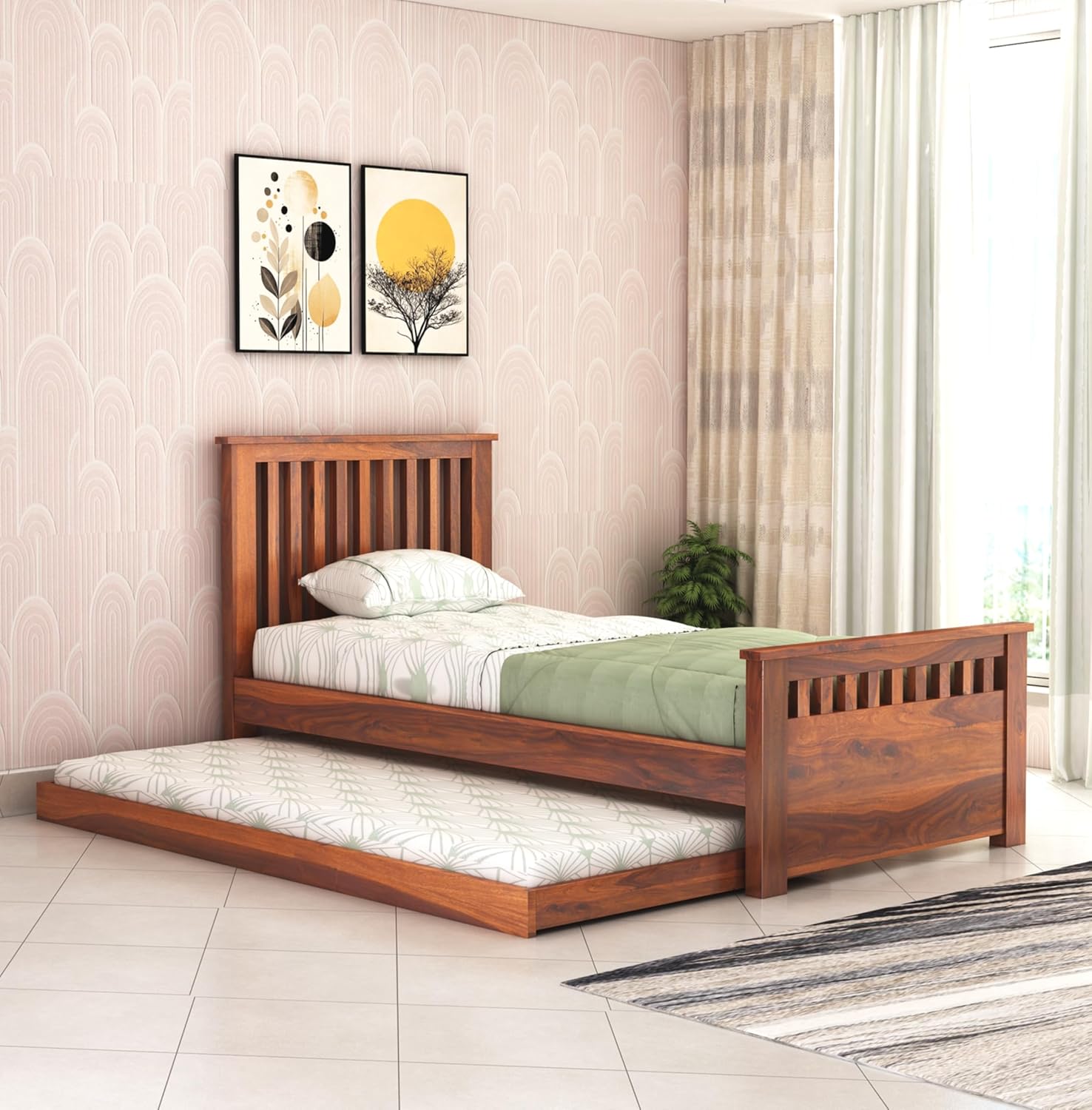 Wooden Single Trundle Bed | Single Bed with 1 Extra Pullout Bed | Wooden Bed Cot Palang for Bedroom, Living Room & Home, Solid Sheesham Wood