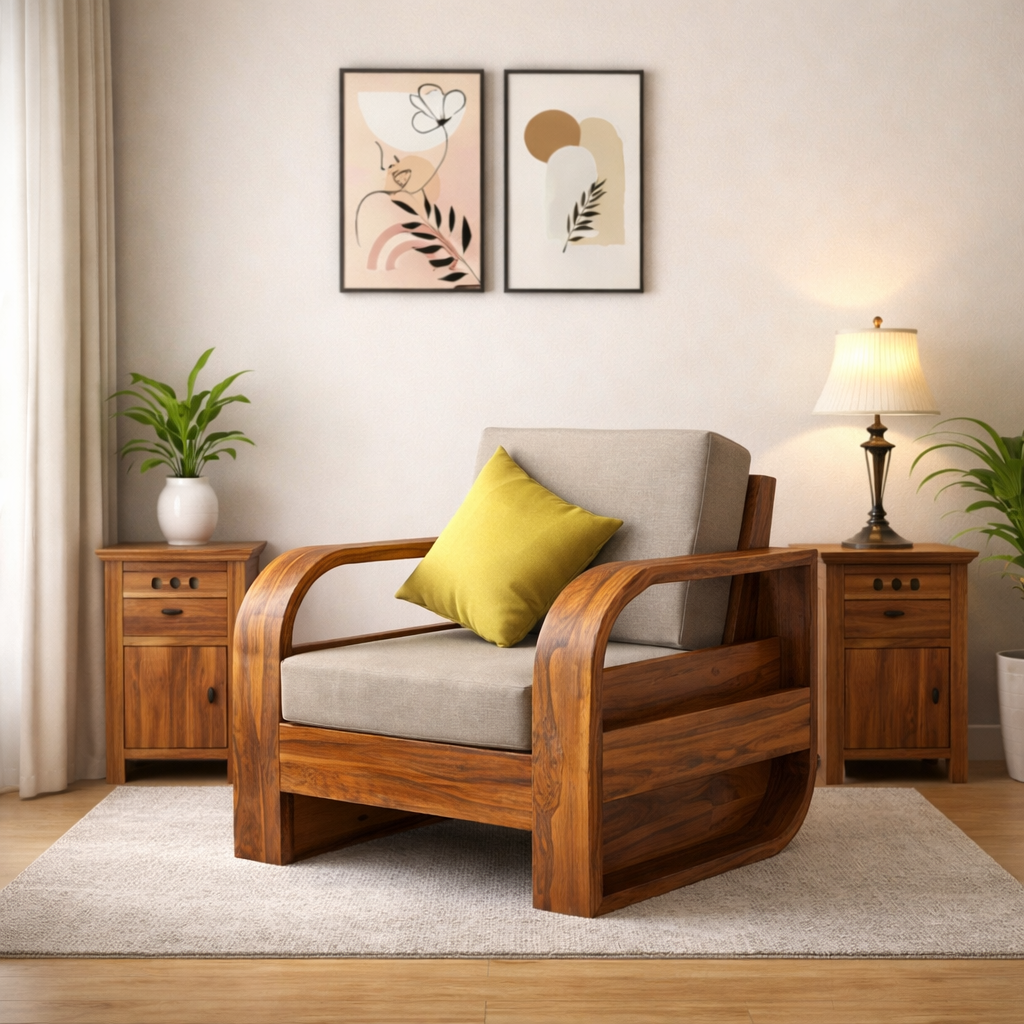 Rjart Crew Sheesham Single Seater Sofa With Side Pocket - 3 Years Warranty