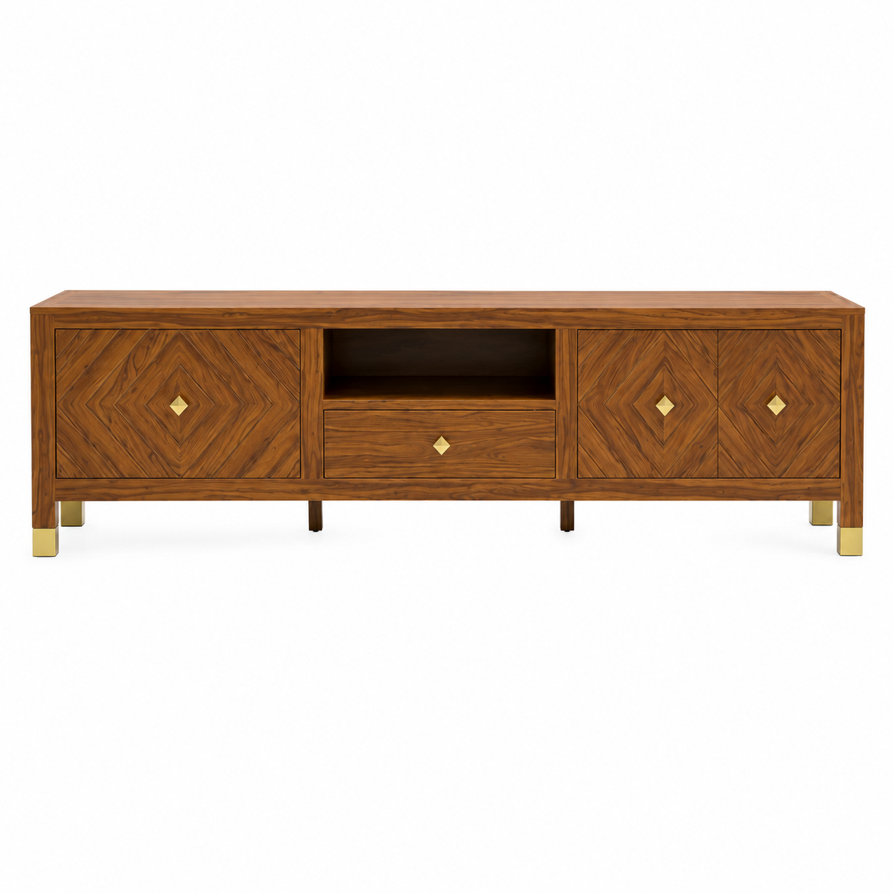 Wooden TV Unit with Diamond Pattern Storage Cabinets