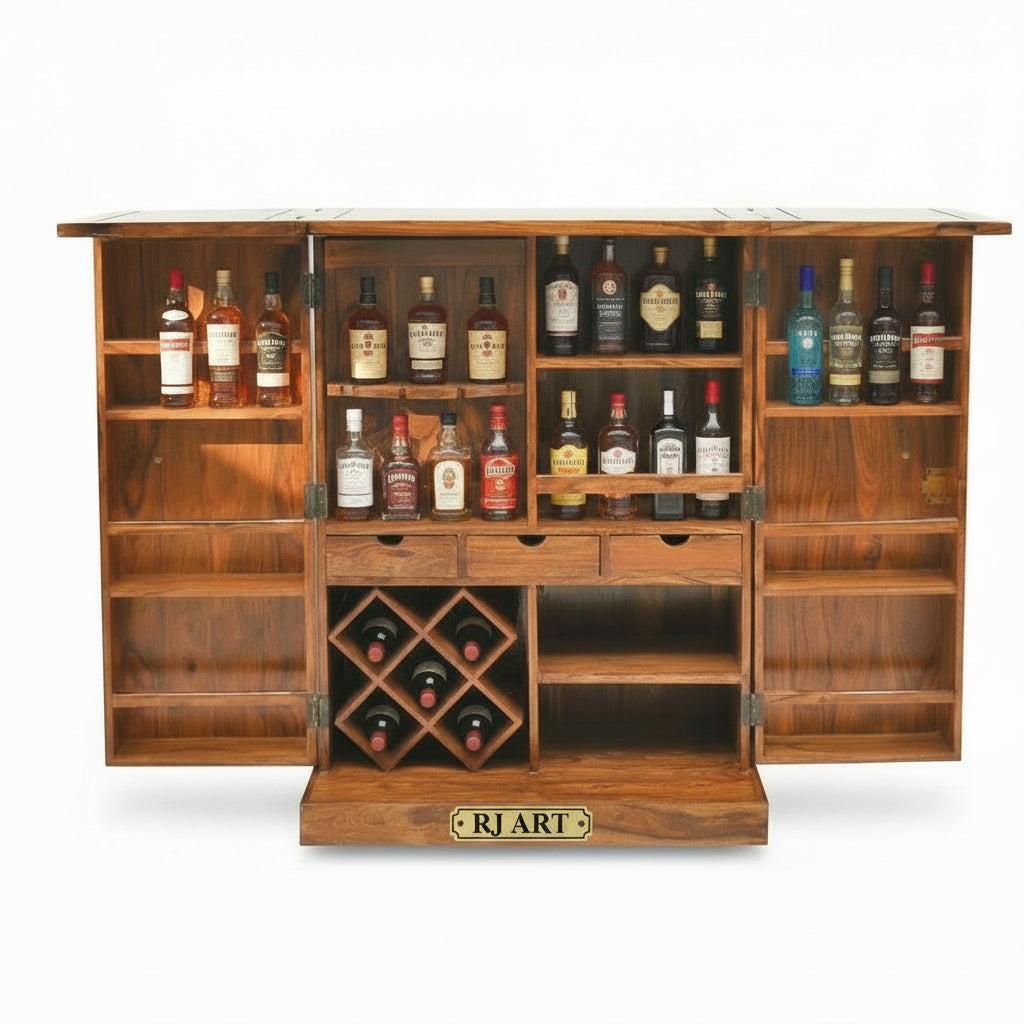 Rjart Sheesham Regular Brass Design Home Bar Cabinet