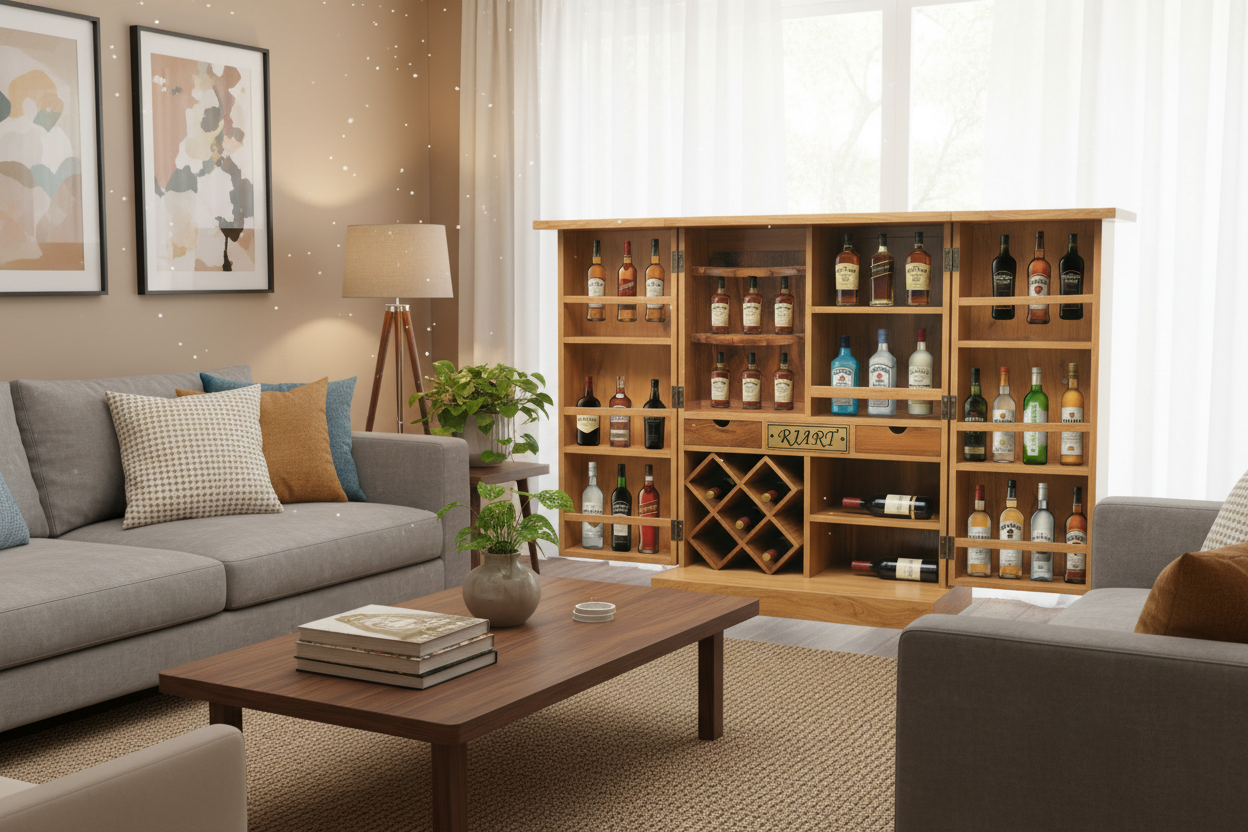 Rjart Sheesham Regular Brass Design Home Bar Cabinet