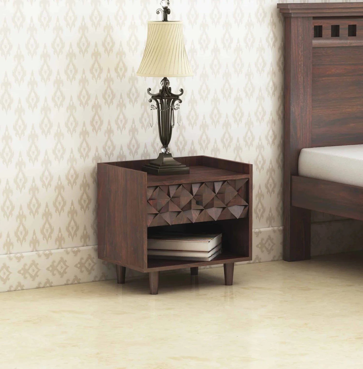 Tavon Solid Sheesham Wood Bedside One Drawer Storage - 3 Years Warranty