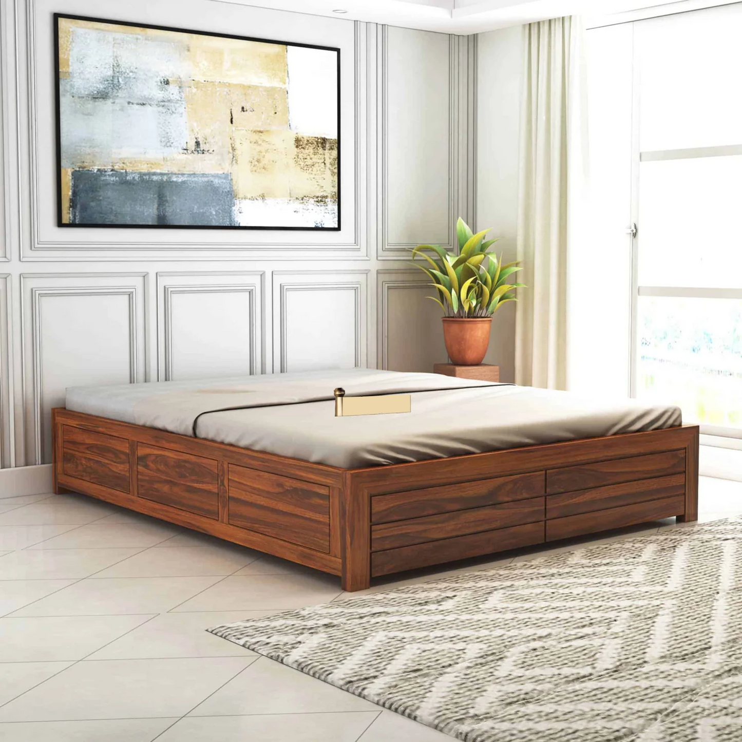 Vezzo Sheesham Bed With Box Storage Without Headboard - 3 Years Warranty