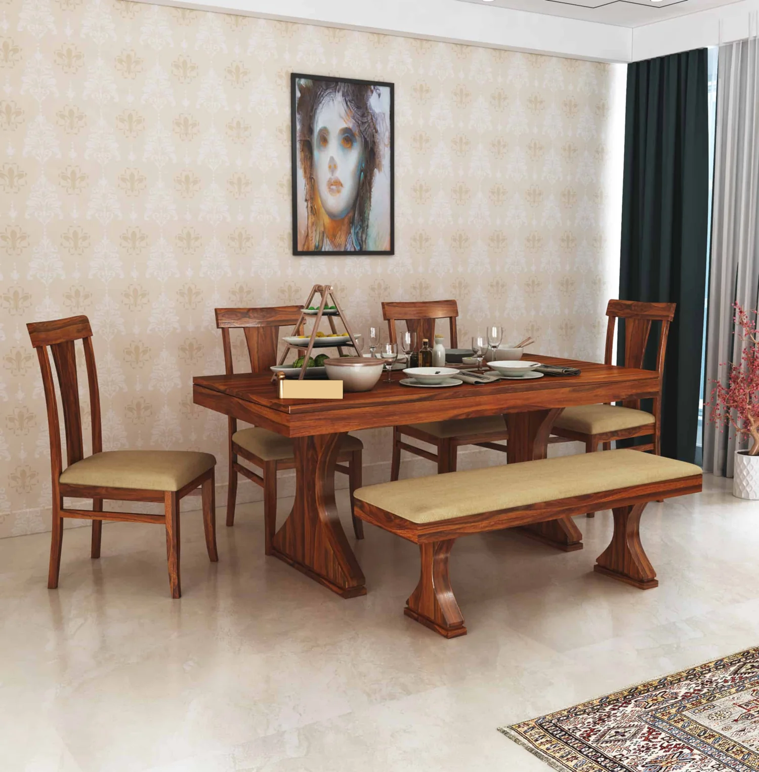 Aurelia Solid Sheesham Wood 6 Seater Dining Table Set - 3 Years Warranty