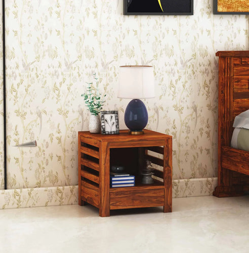 {"alt" => "Merlox Solid Sheesham Wood Bedside Table With One Drawer Storage - 3 Years Warranty"}