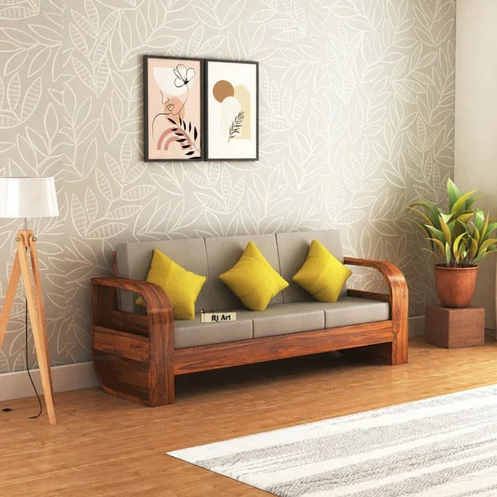 Rjart Solid Sheesham 3 Seater Sofa With Side Pocket - 3 Years Warranty
