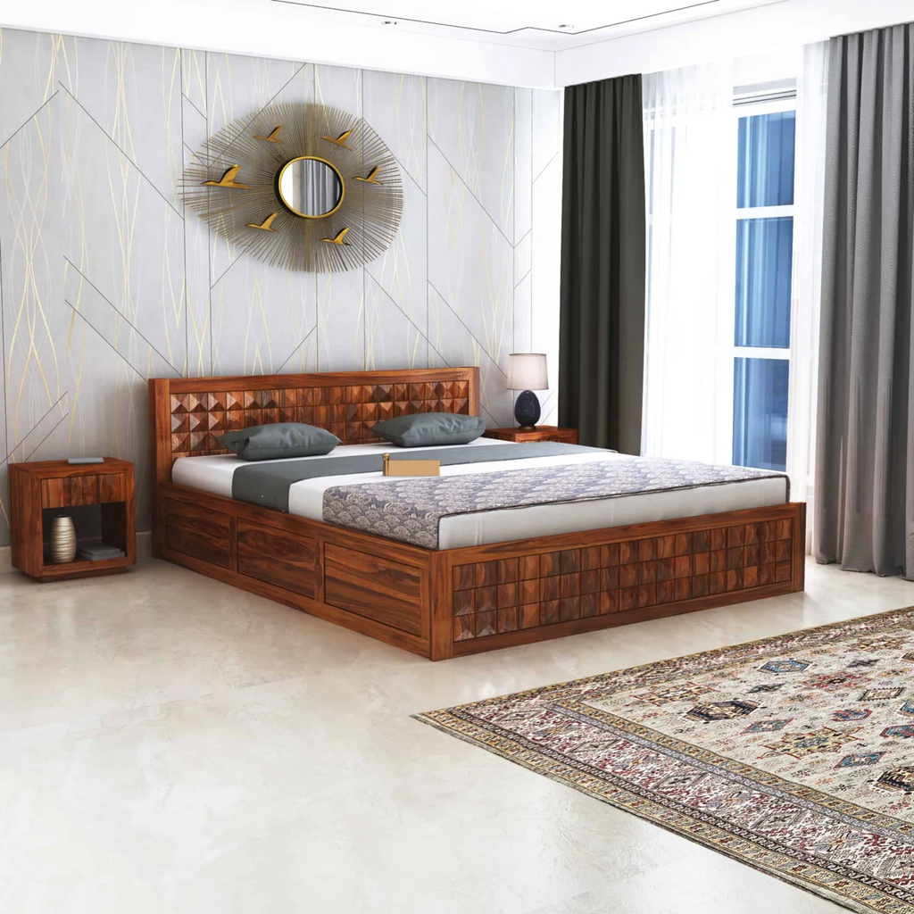 Treso Diamond Solid Sheesham Wood Full Box Storage Bed - 3 Years Warranty