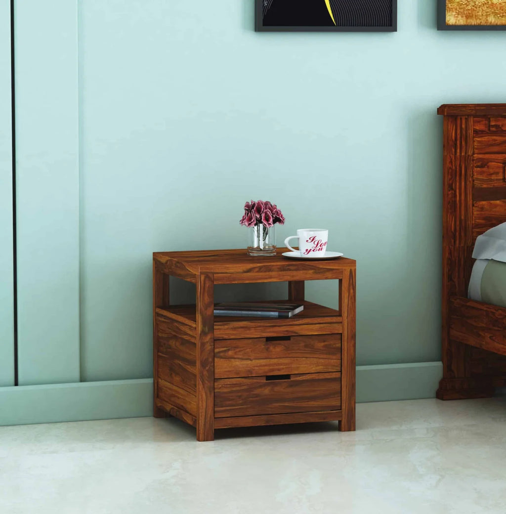 Kyron Solid Sheesham Wood Bedside Table With Two Drawer Storage -3 Years Warrantyx