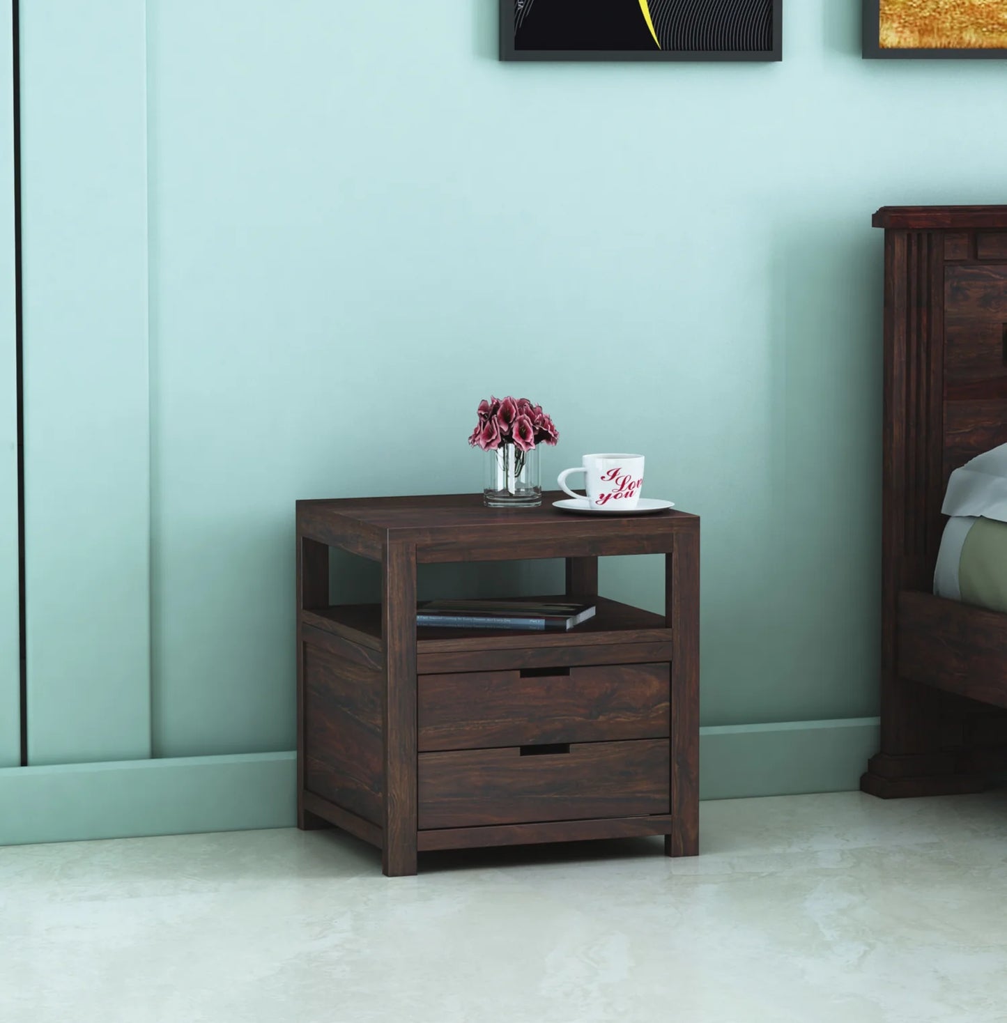 Kyron Sheesham Bedside Table With Two Drawer Storage -3 Years Warrantyx