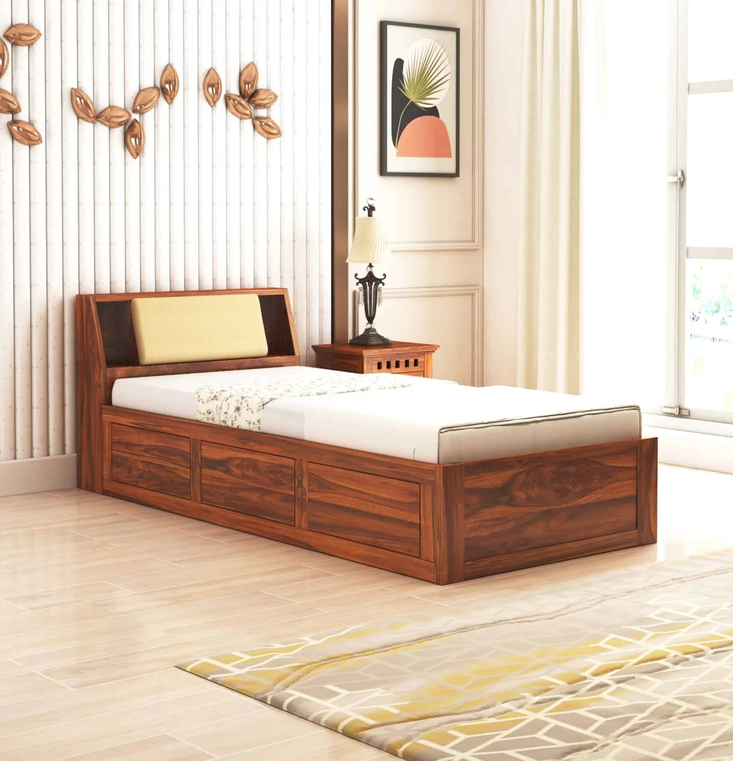 Imperial Solid Sheesham Wood Single Bed With Headboard and Box Storage - 3 Years Warranty