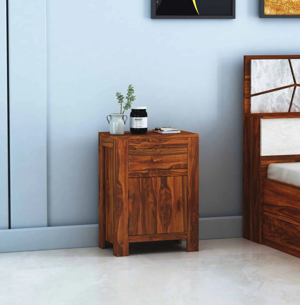 Verlix Solid Sheesham Wood Bedside With Drawer and Door Storage - 3 Years Warranty