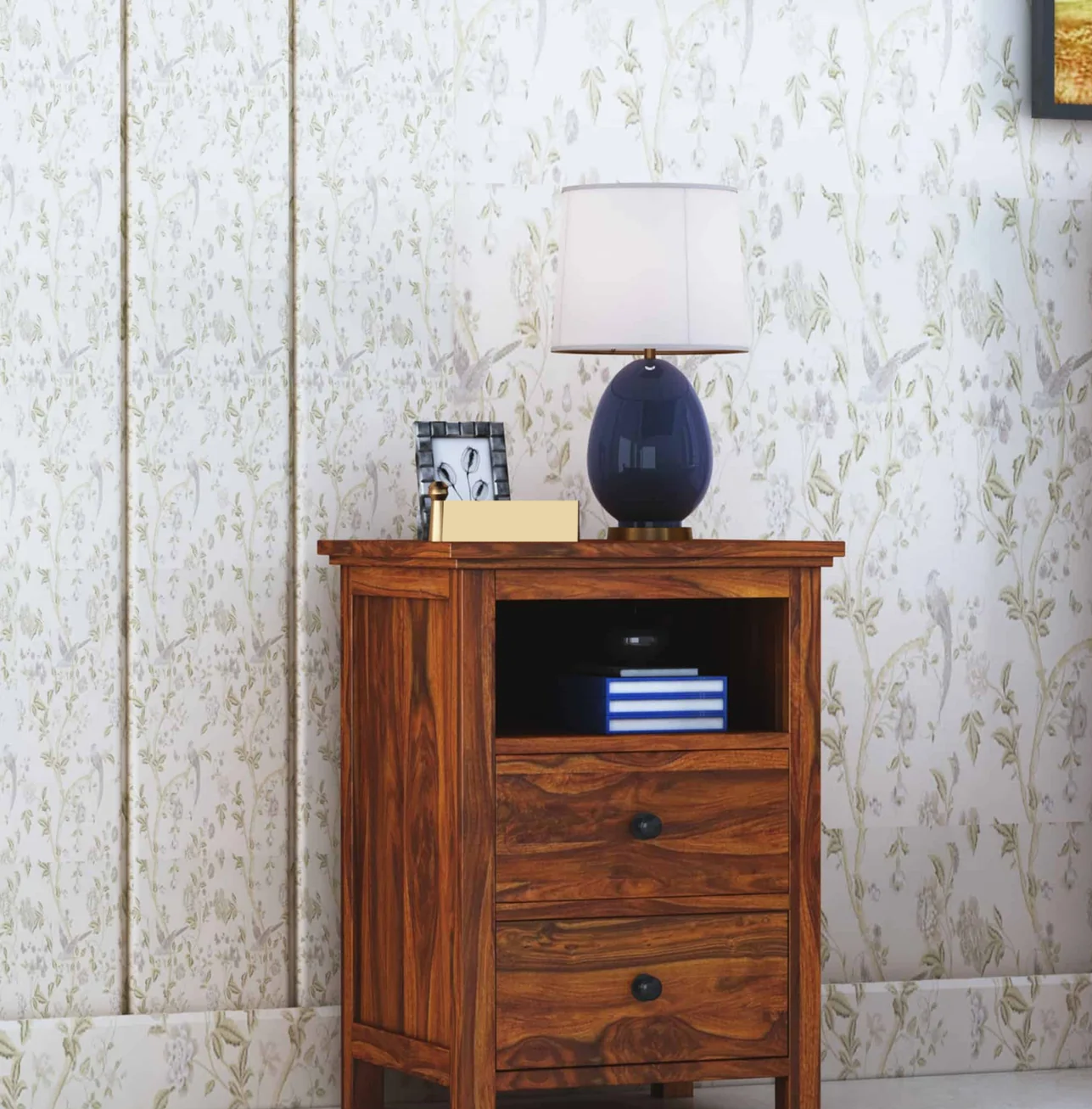 Twyft Solid Sheesham Wood Bedside Table With Two Drawer Storage -3 Years Warranty