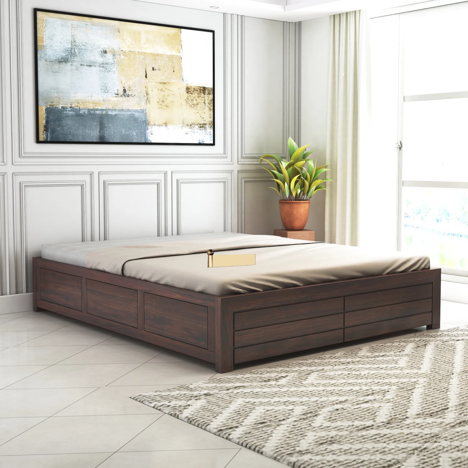 Vezzo Solid Sheesham Wood Bed With Box Storage Without Headboard - 3 Years Warranty