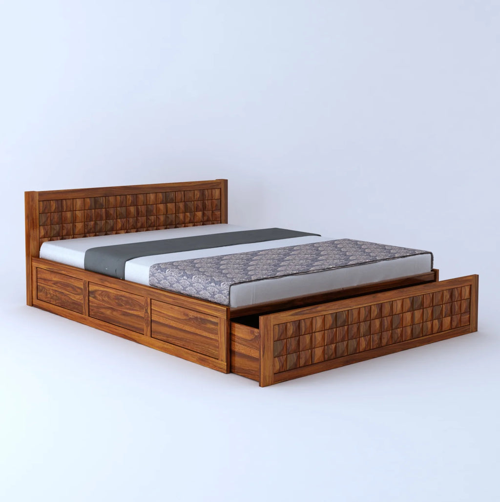 Treso Diamond Solid Sheesham Wood Bed With Half Box and Trolly Storage - 3 Years Warranty