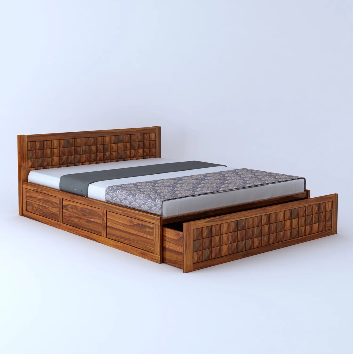 Treso Diamond Solid Sheesham Wood Bed With Half Box and Trolly Storage - 3 Years Warranty