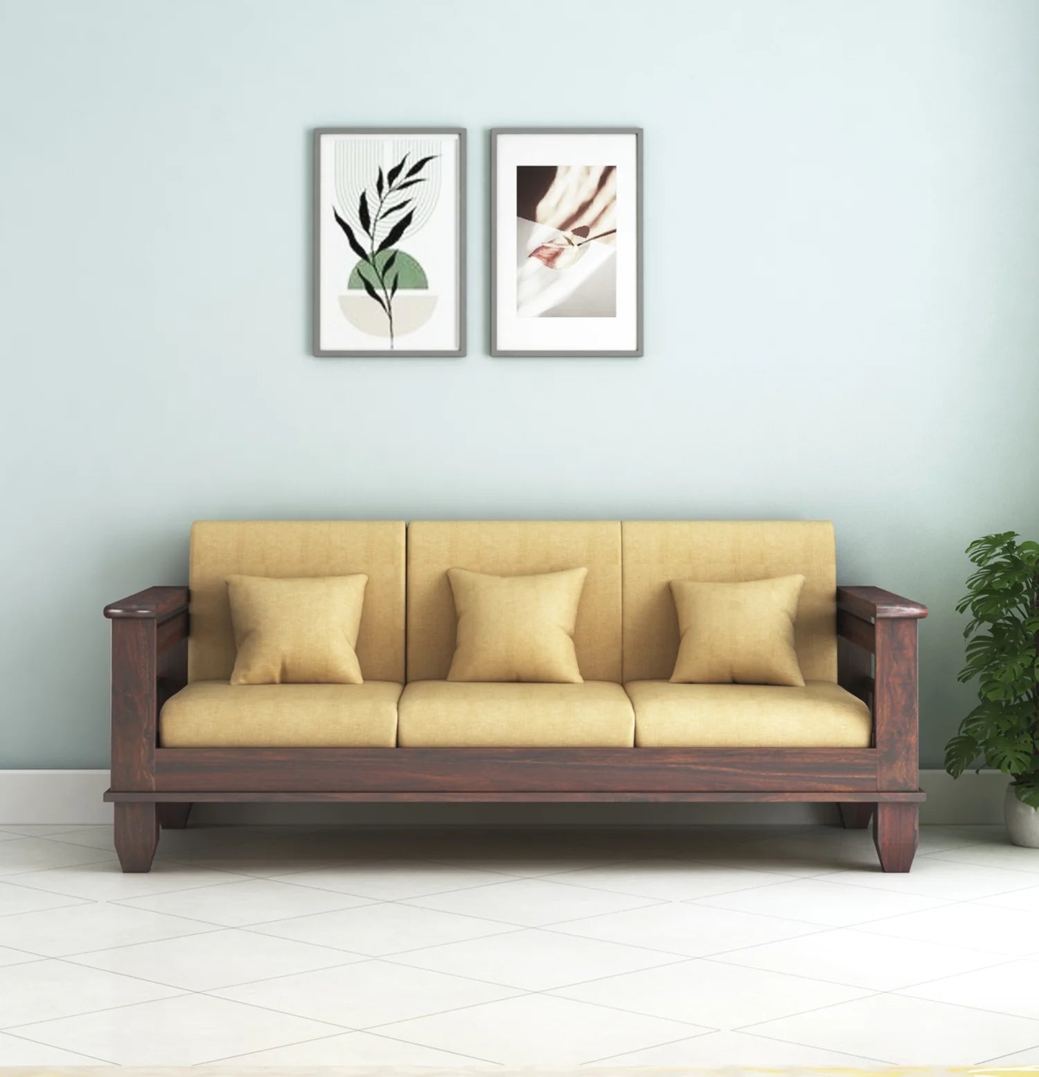 Rjart Sheesham 3 Seater Sofa With Side Pockets - 3 Years Warranty