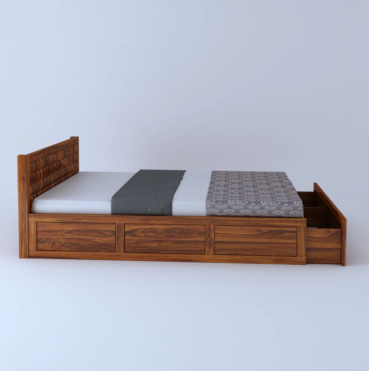 Treso Diamond Solid Sheesham Wood Bed With Half Box and Trolly Storage - 3 Years Warranty