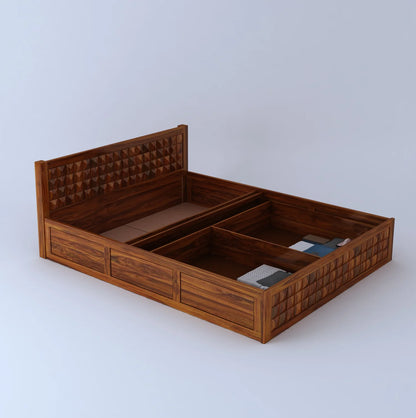 Treso Diamond Sheesham Bed With Half Box And Trolly Storage - 3 Years Warranty