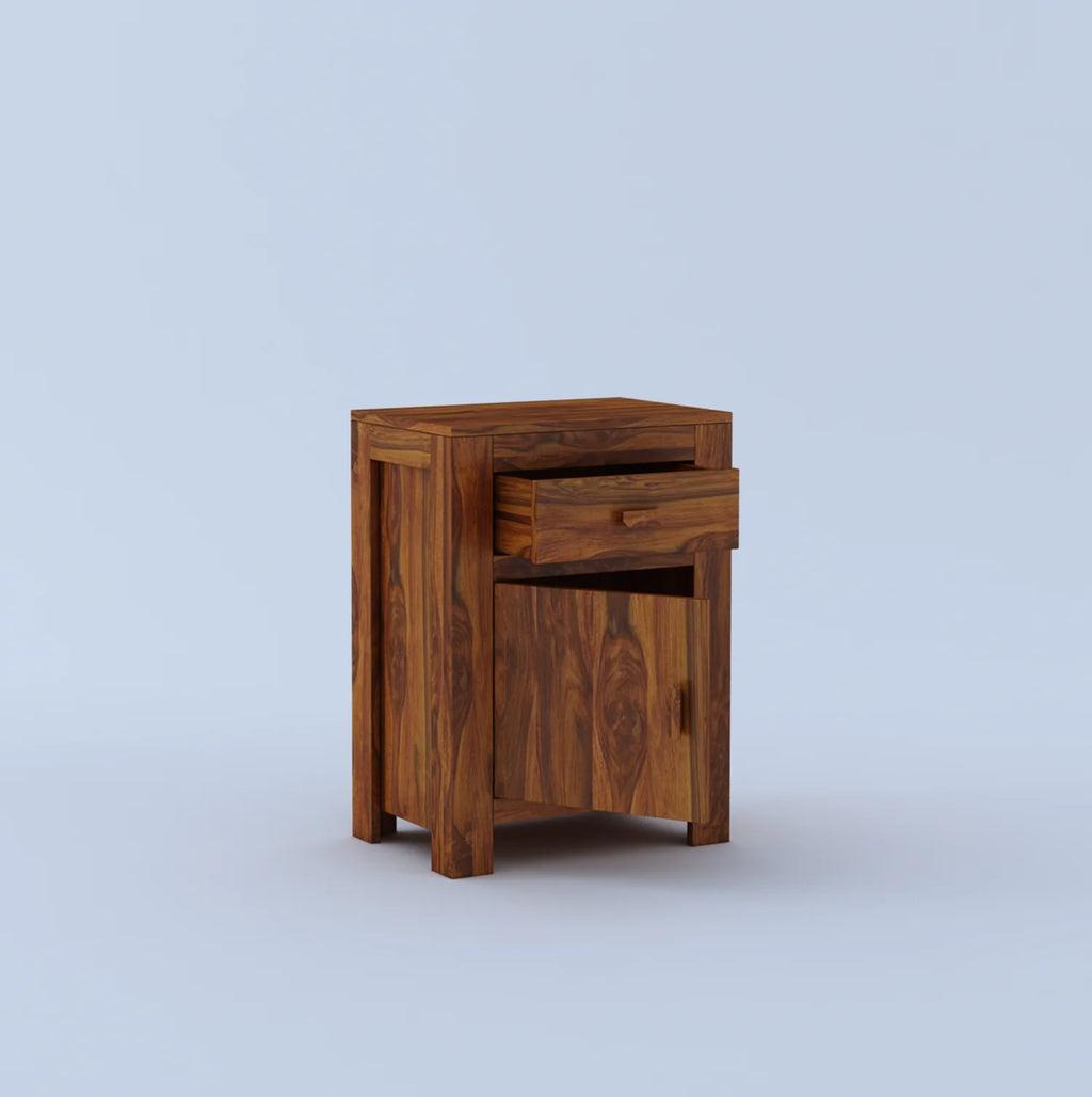 Verlix Solid Sheesham Wood Bedside With Drawer and Door Storage - 3 Years Warranty