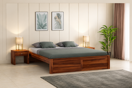 Sheesham Low Height Bed Without Storage | Wood Double Bed | Low Floor/Lying/Rise/Level/ Profile Cot Bed For Bedroom Furniture | Rosewood