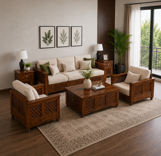 Roya Sheesham Wood 3 Seater Sofa with Cushioned Seating