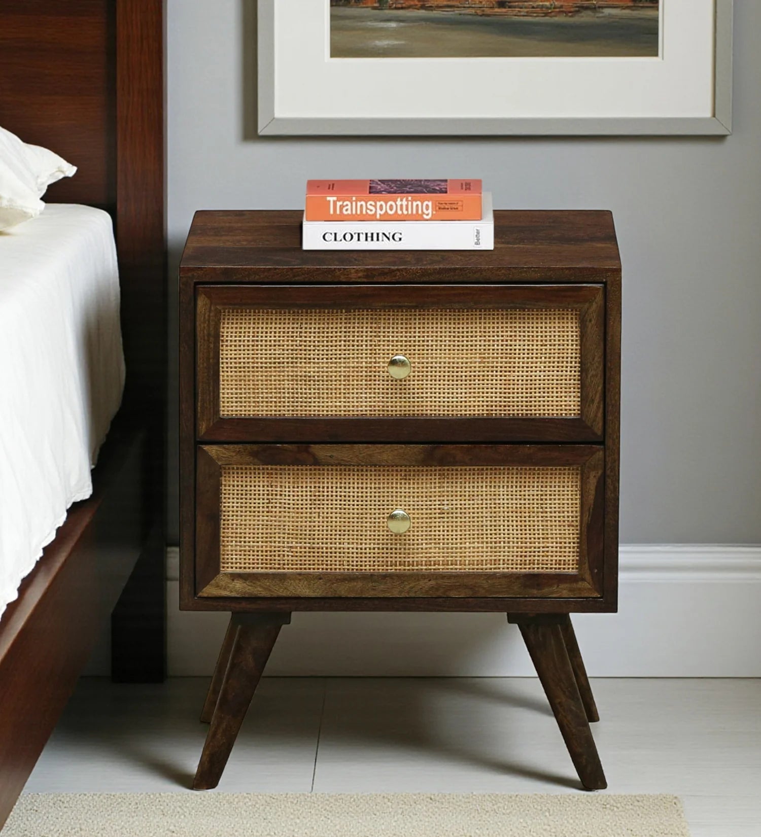 Cayden Solid Sheesham Wood Two Drawer Bedside Cane - 3 Years Warranty