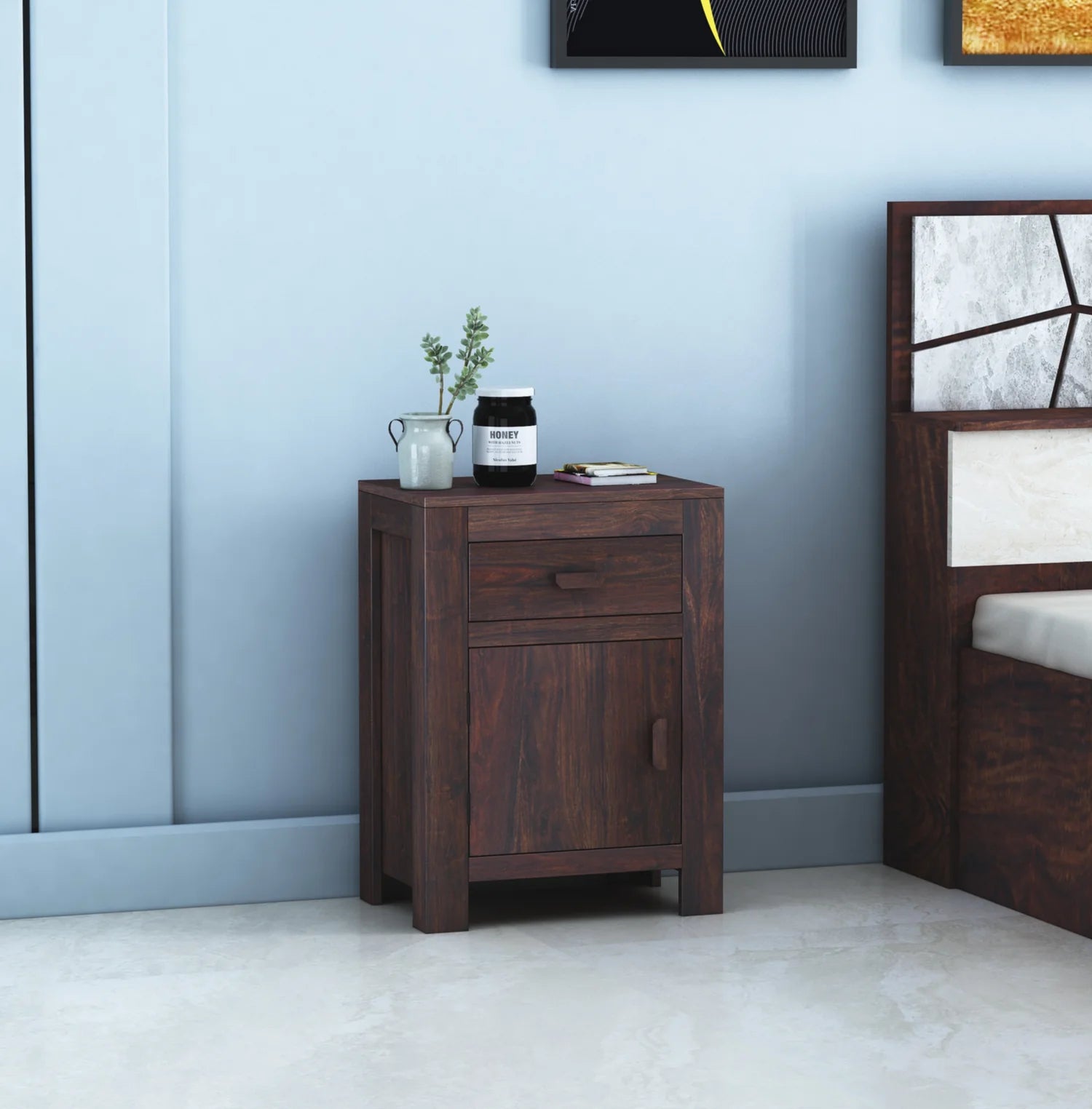 Verlix Solid Sheesham Wood Bedside With Drawer and Door Storage - 3 Years Warranty