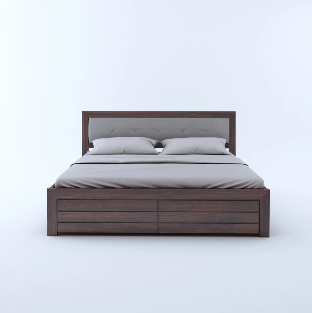 Narin Solid Sheesham Wood Bed with Box Storage and Upholstery Headboard - 3 Years Warranty