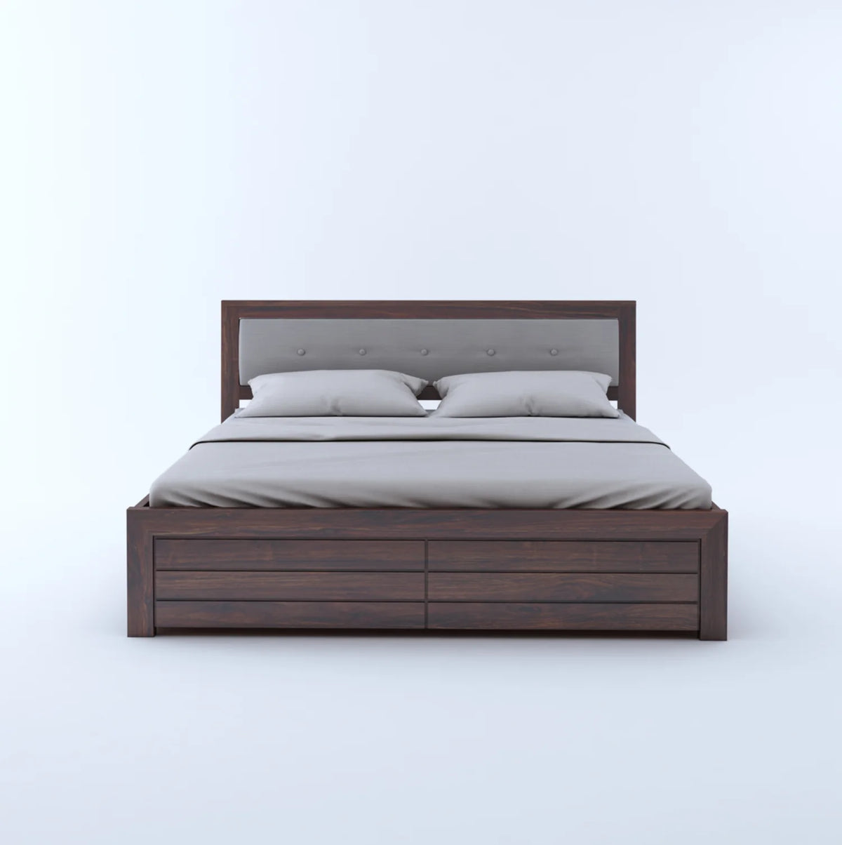 Narin Sheesham Bed With Box Storage And Upholstery Headboard - 3 Years Warranty