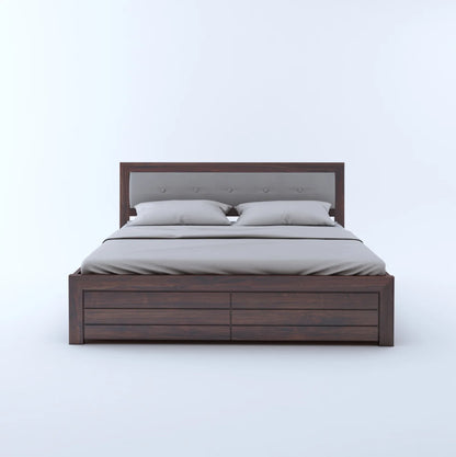 Narin Sheesham Bed With Box Storage And Upholstery Headboard - 3 Years Warranty