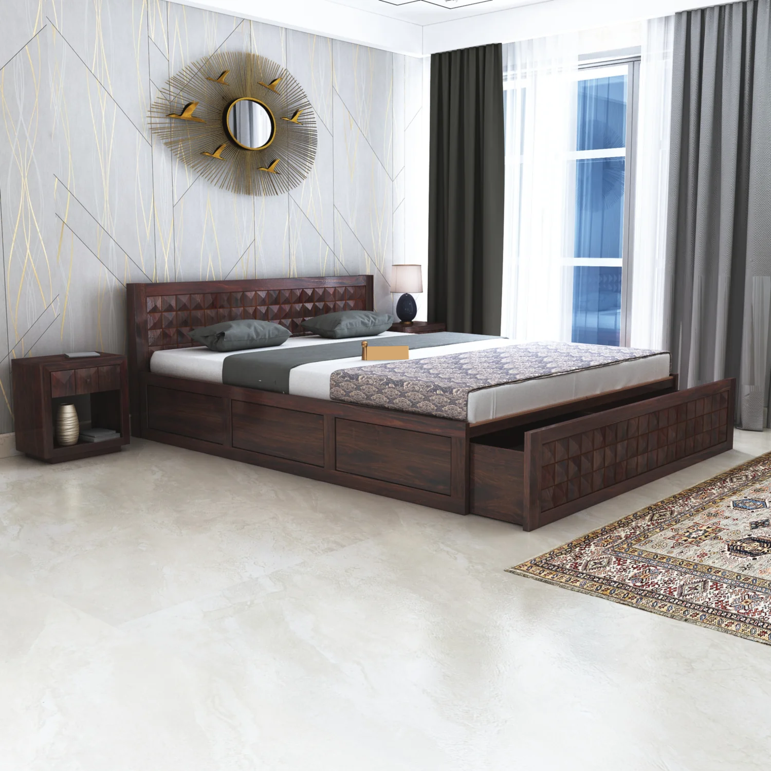 Treso Diamond Solid Sheesham Wood Bed With Half Box and Trolly Storage - 3 Years Warranty