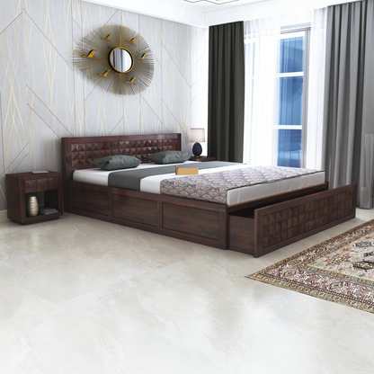 Treso Diamond Sheesham Bed With Half Box And Trolly Storage - 3 Years Warranty