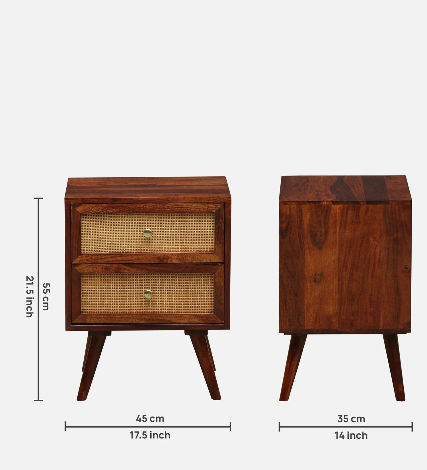 Cayden Solid Sheesham Wood Two Drawer Bedside Cane - 3 Years Warranty