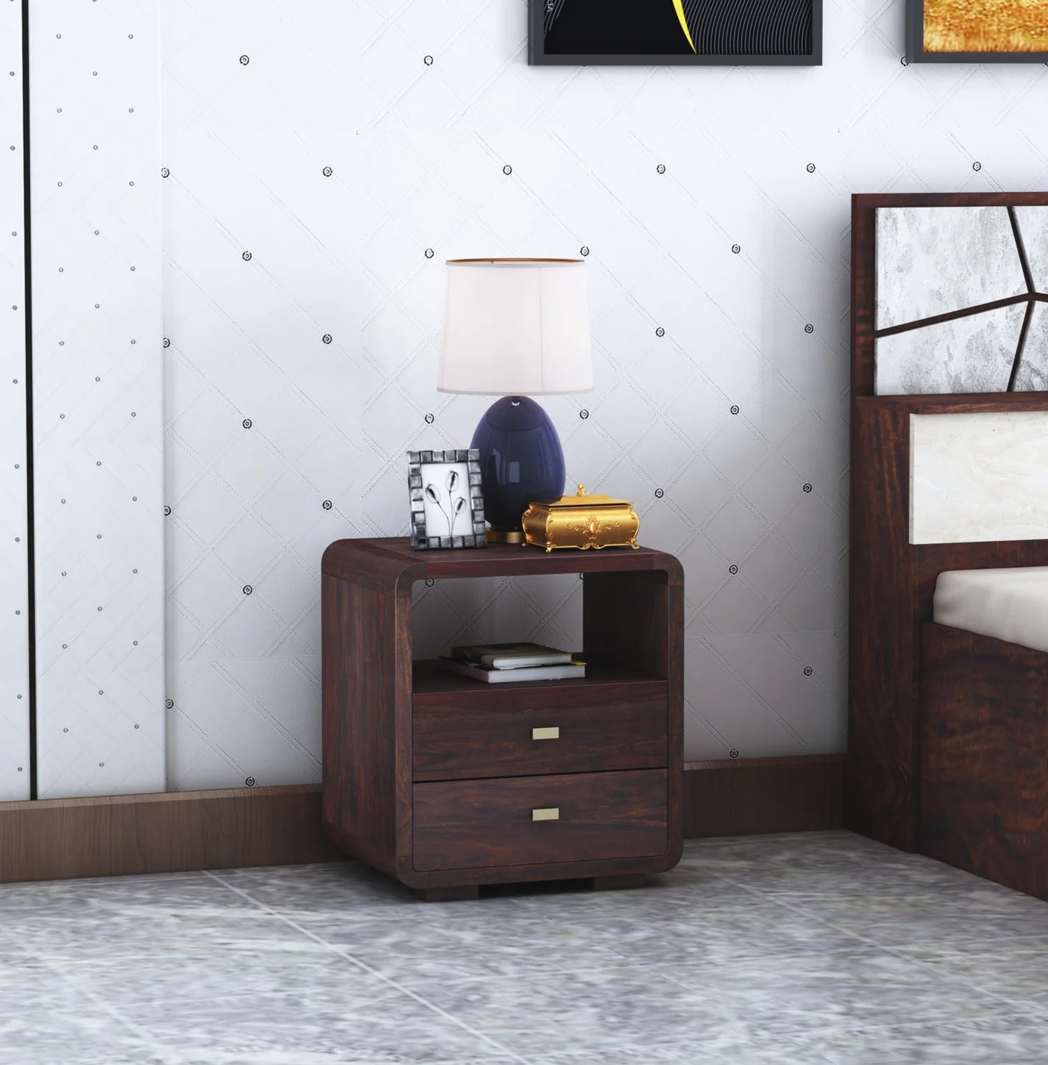 Nero Solid Sheesham Wood Bedside Table With Two Drawer Storage - 3 Years Warranty