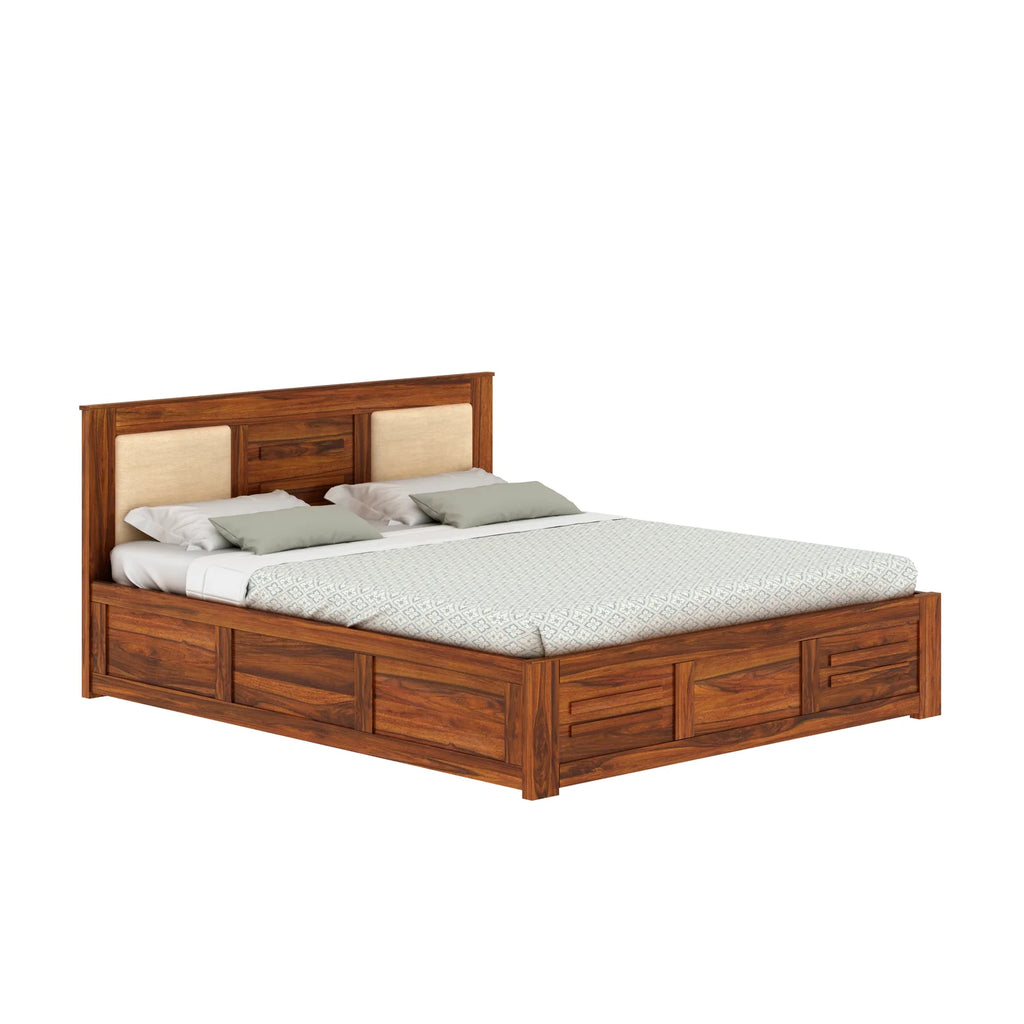 Oslen Solid Sheesham Wood Box Storage Bed With Upholstered Backrest - 3 years Warranty