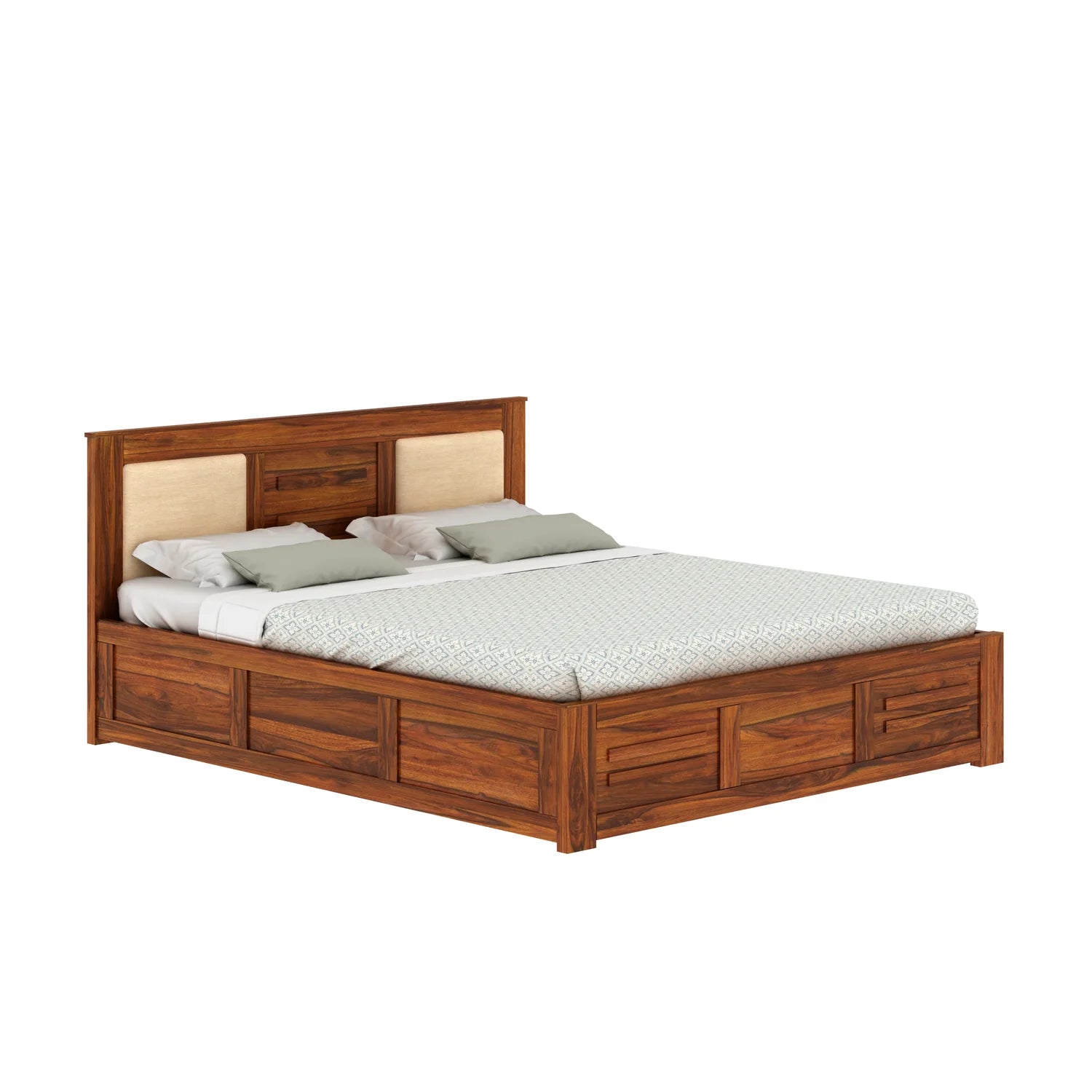 Oslen Solid Sheesham Wood Box Storage Bed With Upholstered Backrest - 3 years Warranty