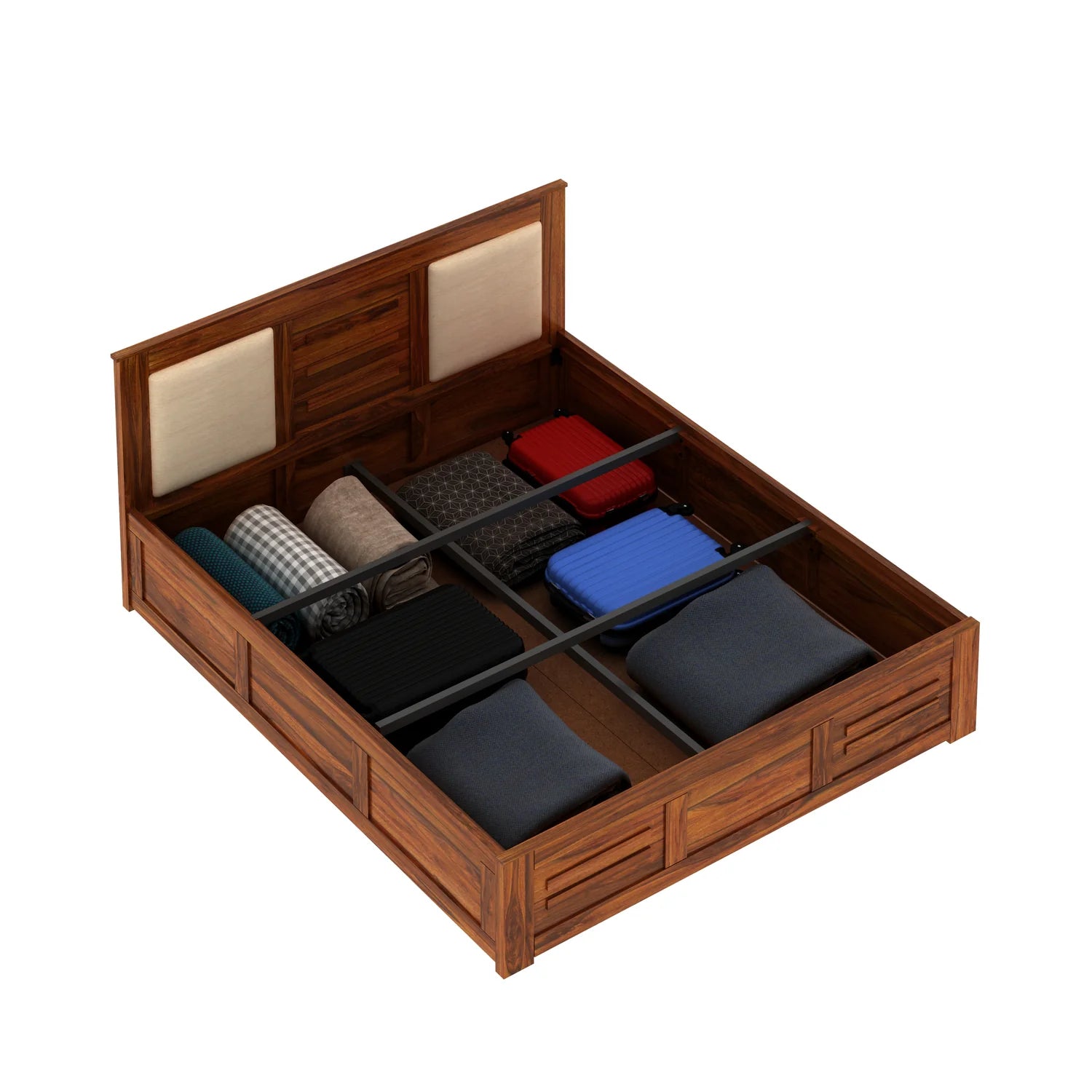Oslen Solid Sheesham Wood Box Storage Bed With Upholstered Backrest - 3 years Warranty