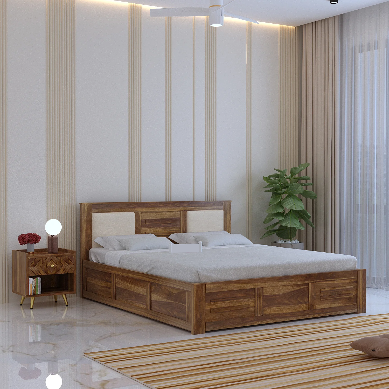 Oslen Solid Sheesham Wood Box Storage Bed With Upholstered Backrest - 3 years Warranty