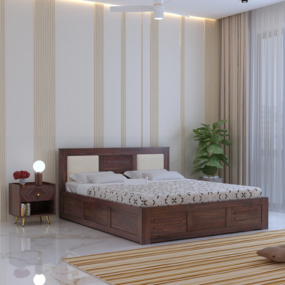 Oslen Sheesham Box Storage Bed With Upholstered Backrest - 3 Years Warranty