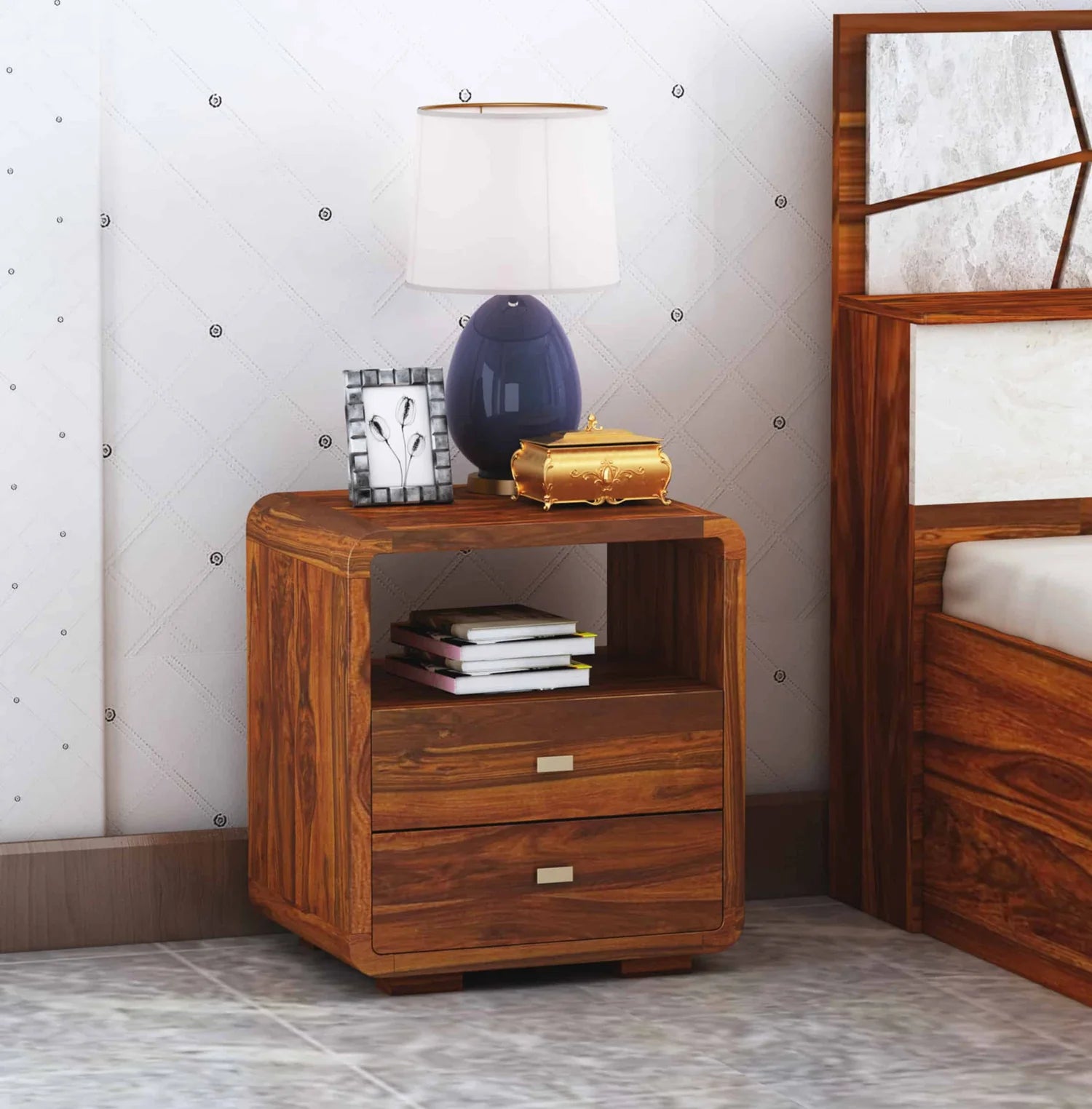 Nero Solid Sheesham Wood Bedside Table With Two Drawer Storage - 3 Years Warranty