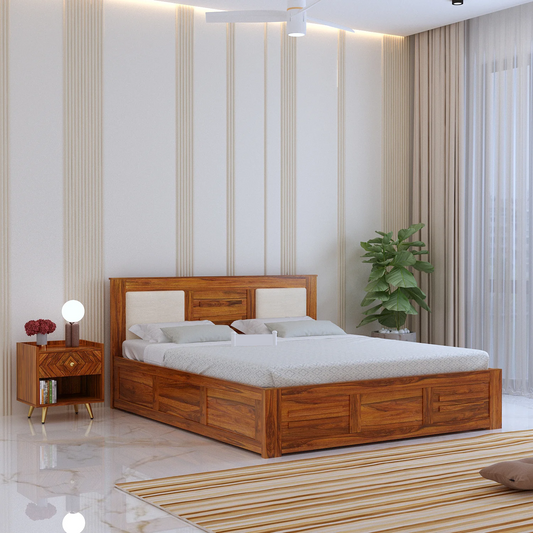 Oslen Sheesham Box Storage Bed With Upholstered Backrest - 3 Years Warranty