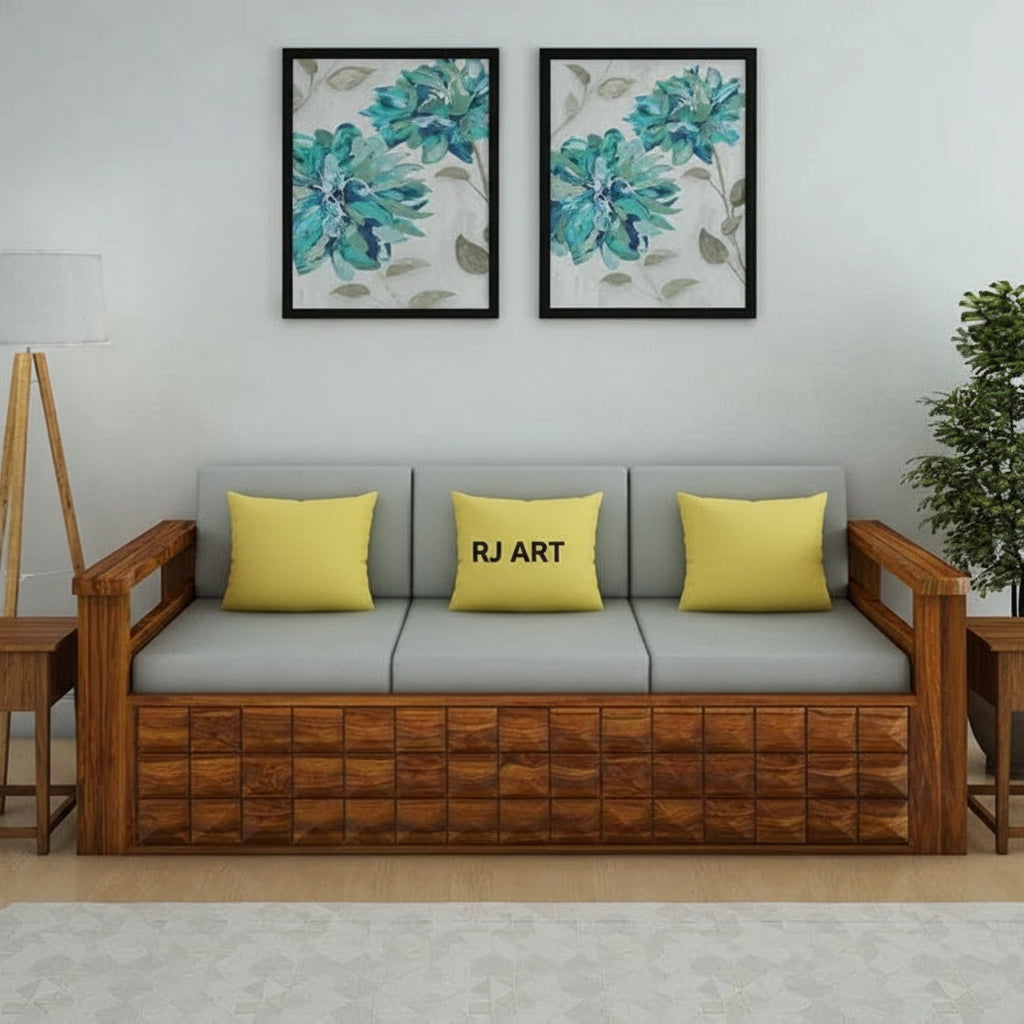 Rjart Sheesham 3 Seater Sofa With Side Pockets - 3 Years Warranty