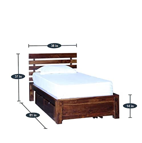 HAXPERTS Twin Sheesham Wood Single Bed With Storage, Natural Brown, Contemporary Style