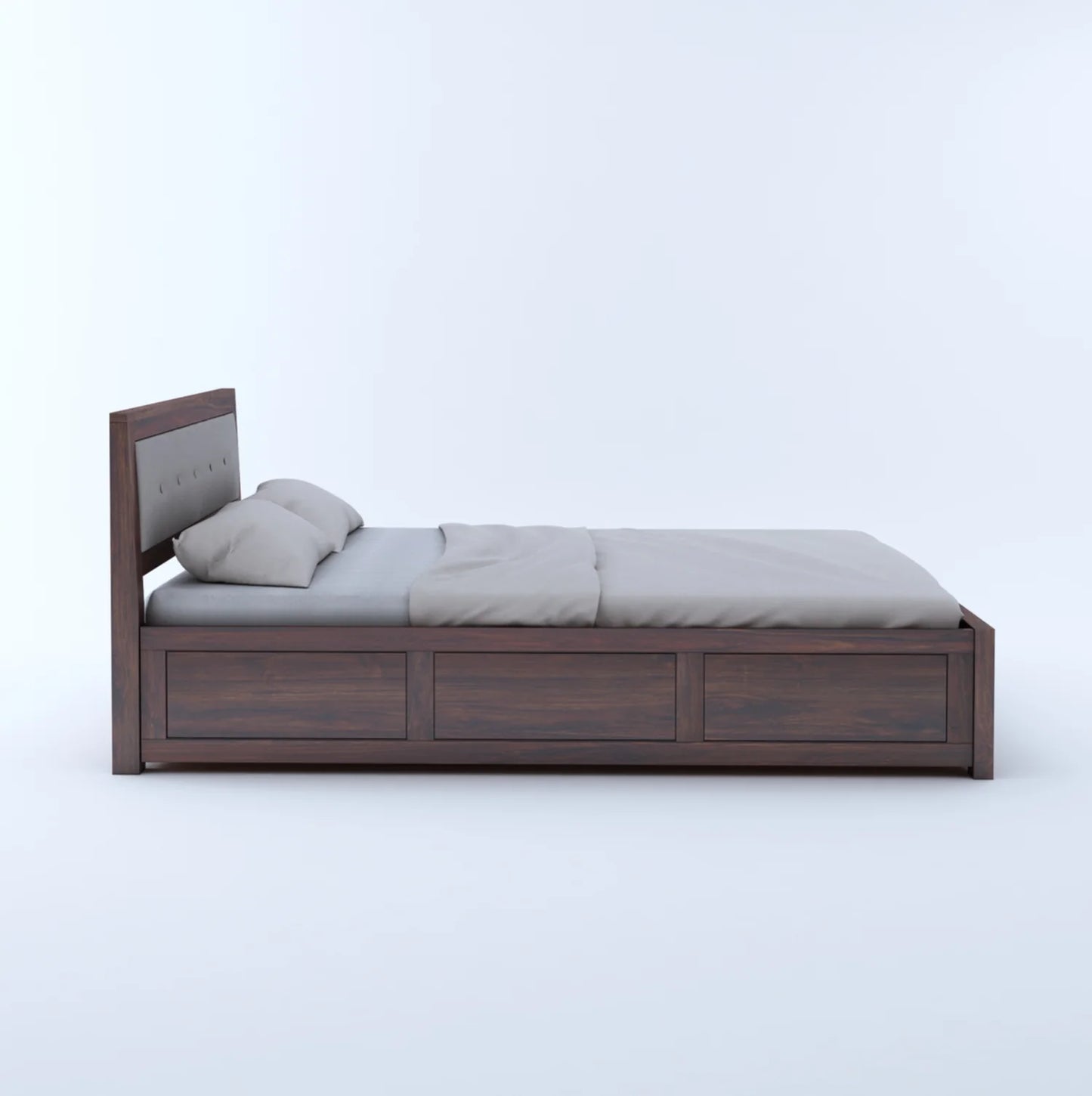 Narin Sheesham Bed With Box Storage And Upholstery Headboard - 3 Years Warranty