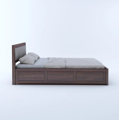Narin Sheesham Bed With Box Storage And Upholstery Headboard - 3 Years Warranty