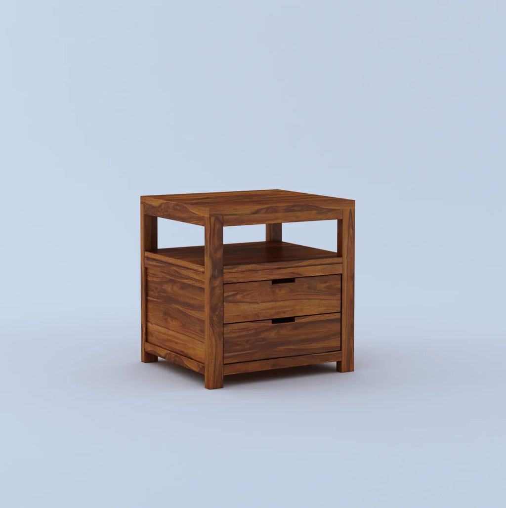 Kyron Solid Sheesham Wood Bedside Table With Two Drawer Storage -3 Years Warrantyx