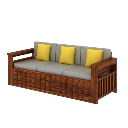 Rjart Sheesham 3 Seater Sofa With Side Pockets - 3 Years Warranty