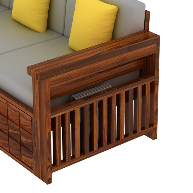 Rjart Sheesham 3 Seater Sofa With Side Pockets - 3 Years Warranty